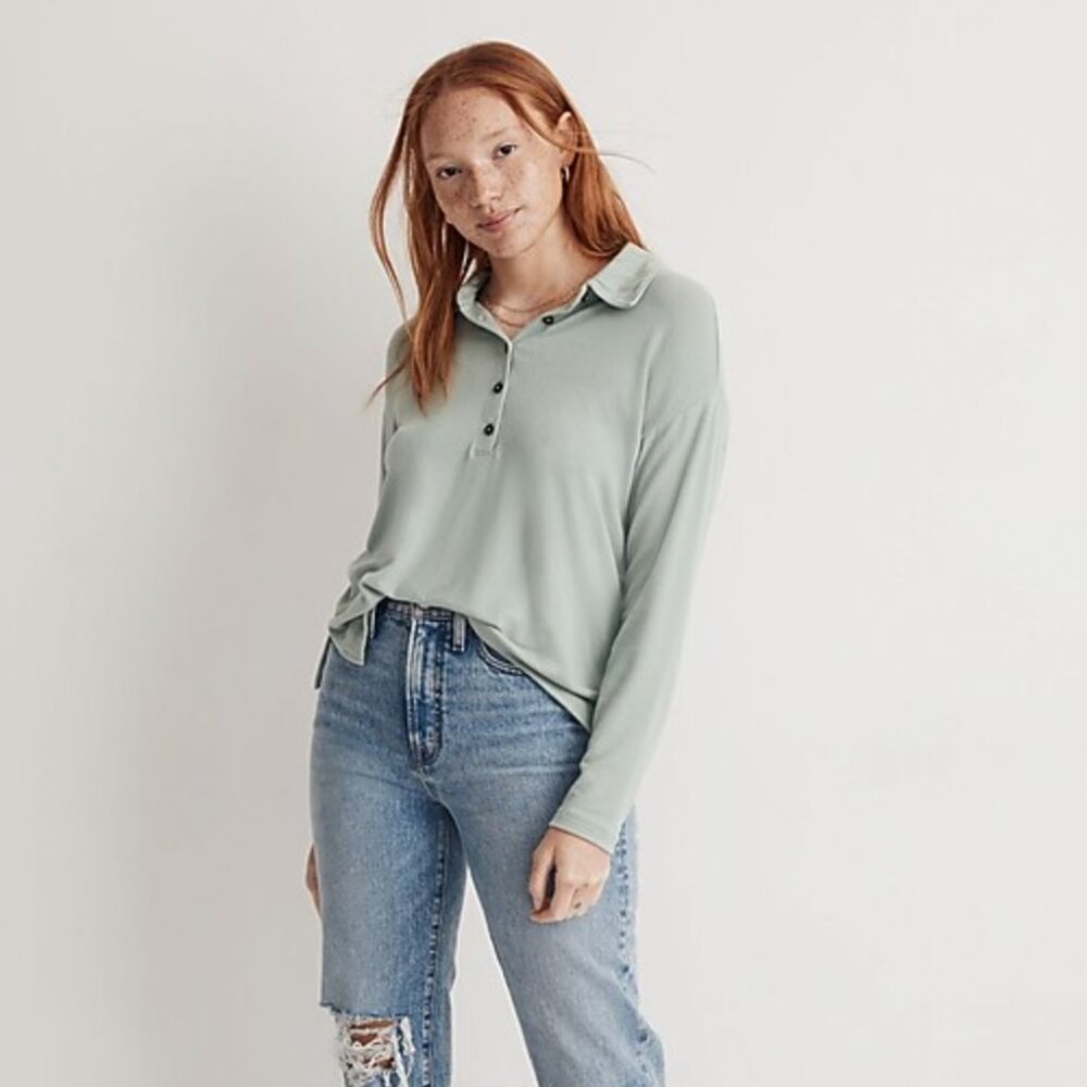 Madewell Sage Green Dreamiest Knit Long-Sleeve Henley Polo